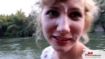 Russian whore got a lot of cum on her face after a blowjob near the river